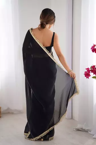 Black satin saree with blouse piece