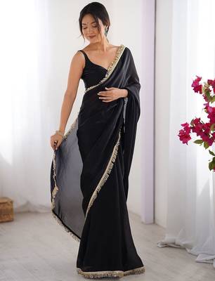 Black satin saree with blouse piece 4