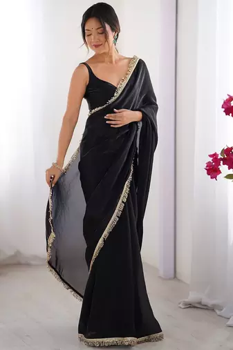 Black satin saree with blouse piece