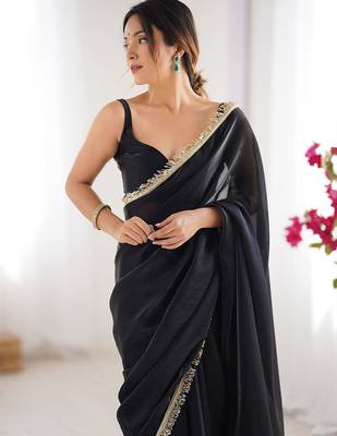 Black satin saree with blouse piece 5