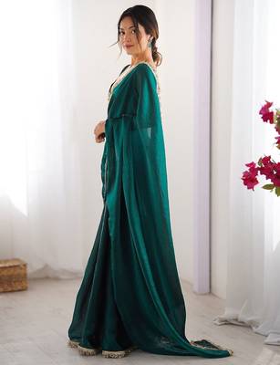 Teal sequinned satin saree 2