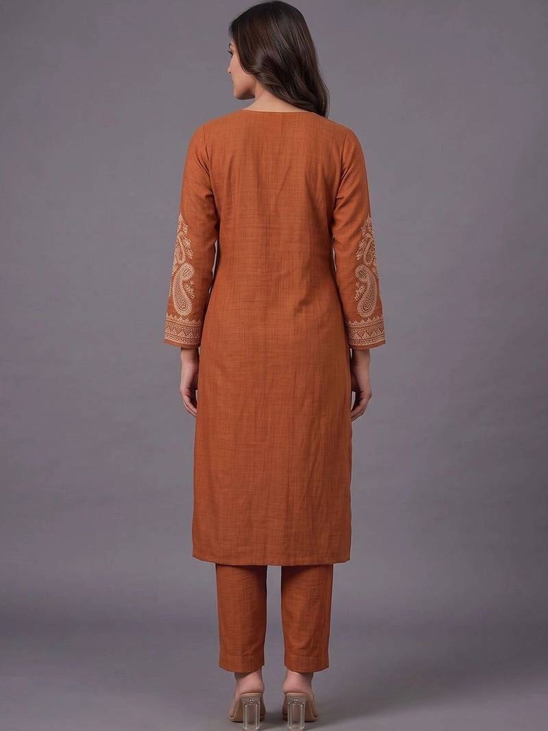women ethnic motifs embroidered regular thread work kurta with trousers