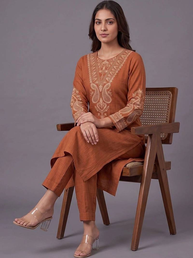 women ethnic motifs embroidered regular thread work kurta with trousers