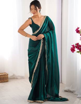 Teal sequinned satin saree 4