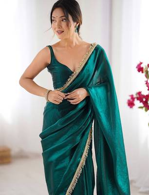 Teal sequinned satin saree 5