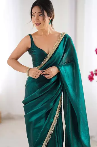 Teal sequinned satin saree