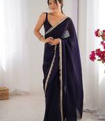 Navy blue sequinned satin saree