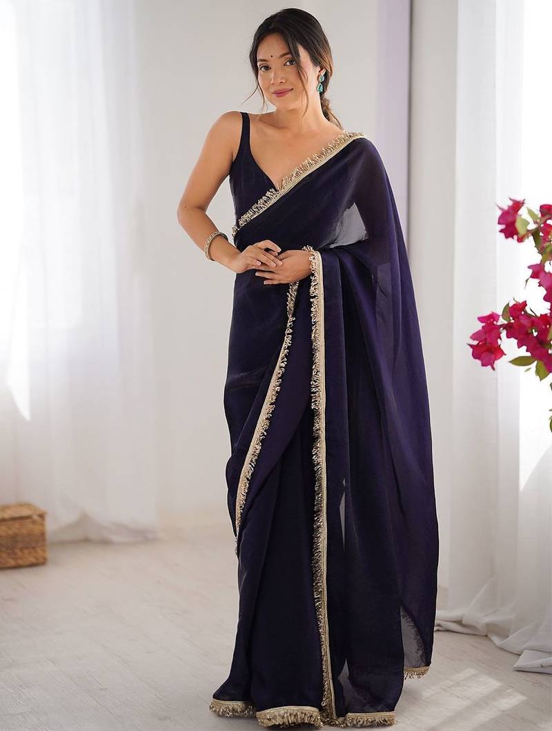 Navy blue sequinned satin saree