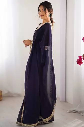 Navy blue sequinned satin saree