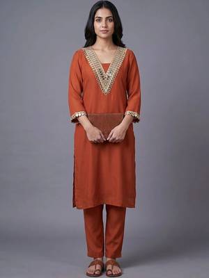 women regular mirror work kurta with trousers 1