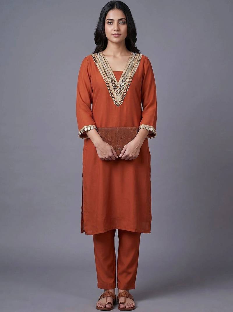 women regular mirror work kurta with trousers