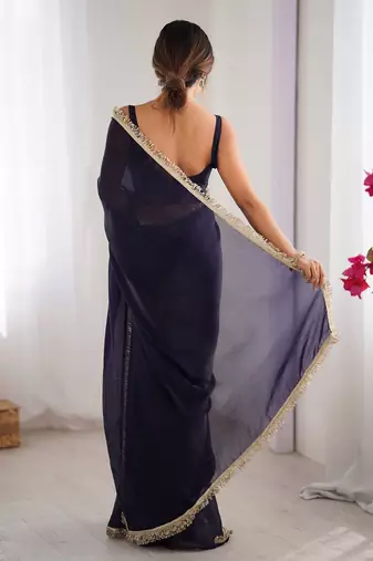Navy blue sequinned satin saree