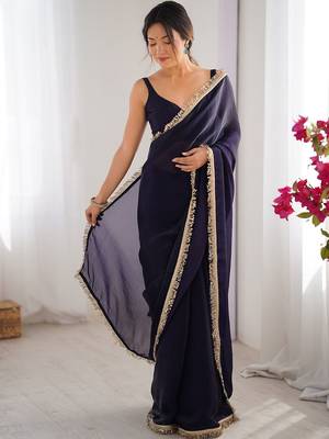Navy blue sequinned satin saree 4
