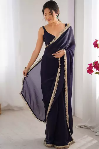 Navy blue sequinned satin saree