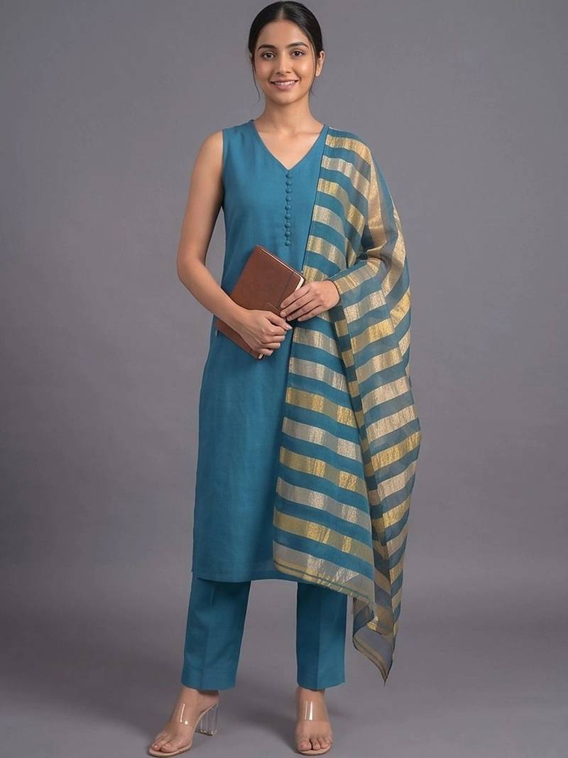 women regular kurta with trousers & with dupatta