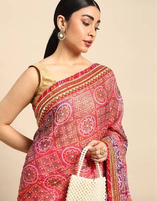 Pink bandhani gotta patti pure chiffon saree 1