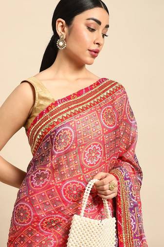 Pink bandhani gotta patti pure chiffon saree