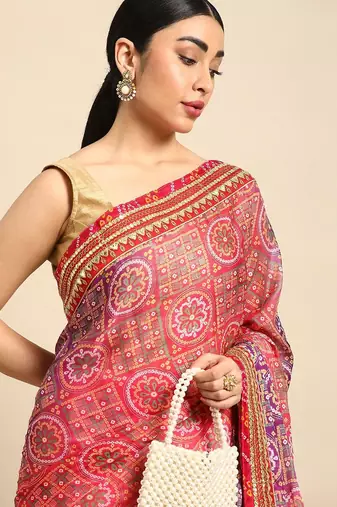 Pink bandhani gotta patti pure chiffon saree