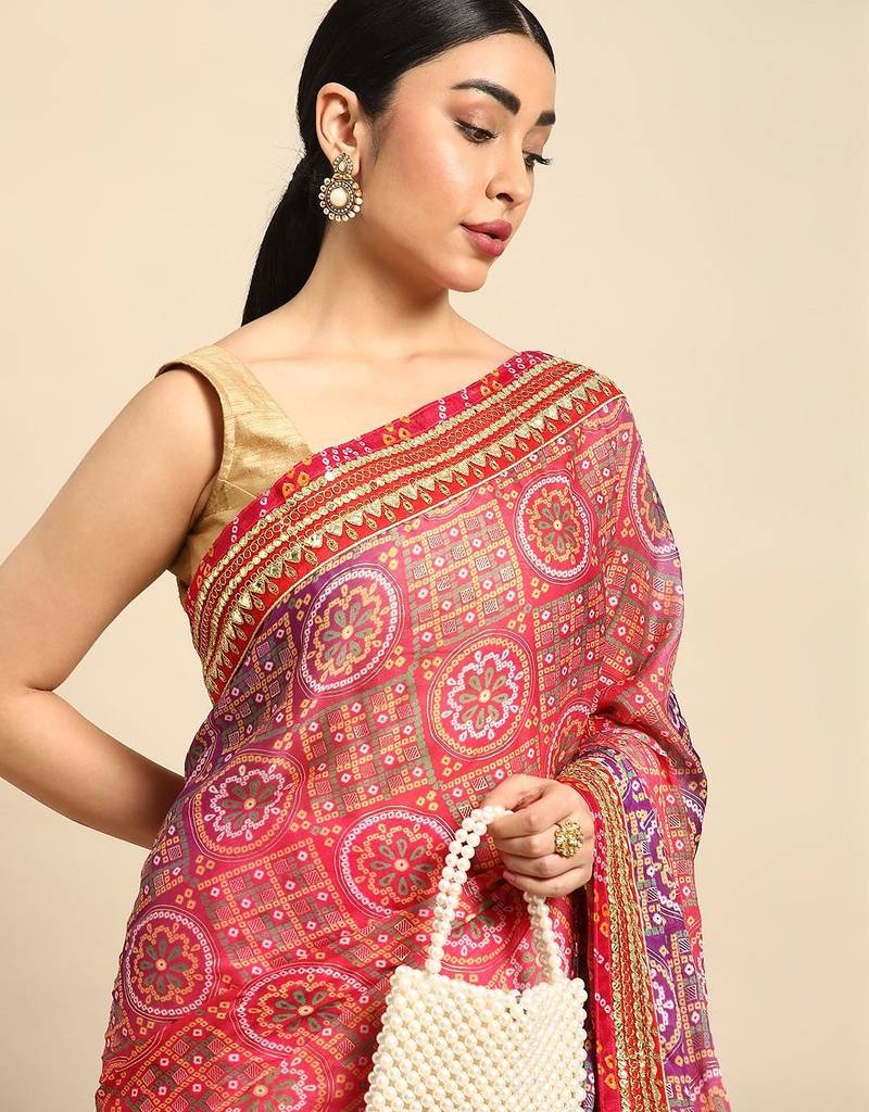 Pink bandhani gotta patti pure chiffon saree