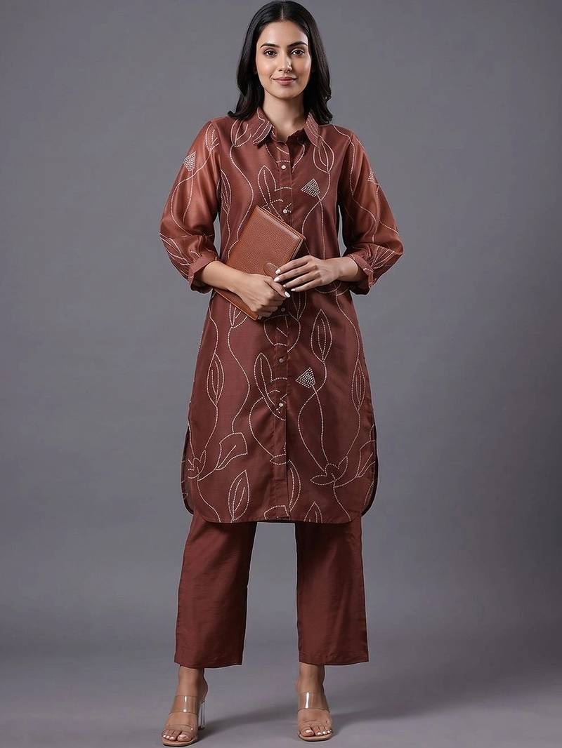 women ethnic motifs embroidered regular thread work chanderi silk kurta & trousers