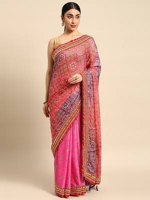 Pink bandhani gotta patti pure chiffon saree 2