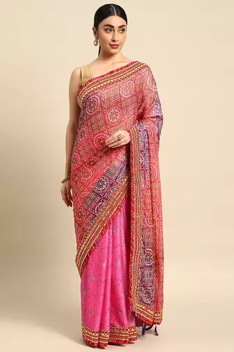 Pink bandhani gotta patti pure chiffon saree