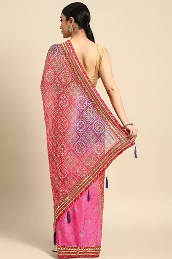 Pink bandhani gotta patti pure chiffon saree