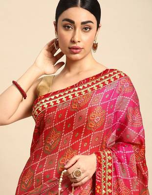 red bandhani gotta patti pure chiffon saree 1