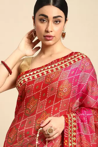 red bandhani gotta patti pure chiffon saree