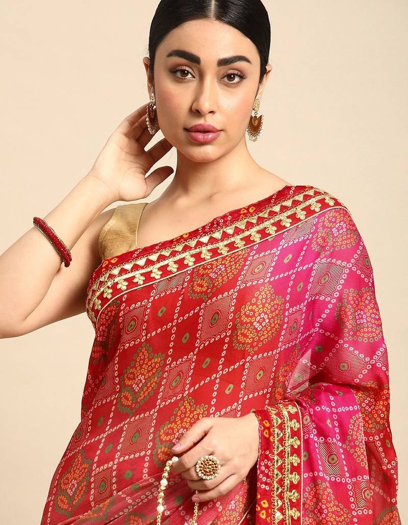 red bandhani gotta patti pure chiffon saree