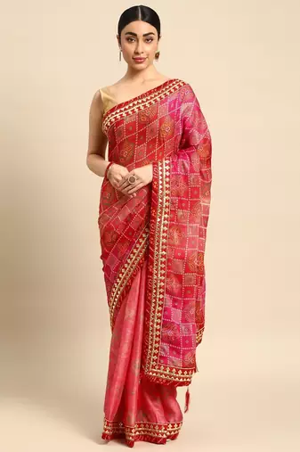 red bandhani gotta patti pure chiffon saree
