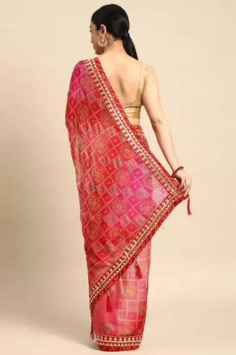 red bandhani gotta patti pure chiffon saree