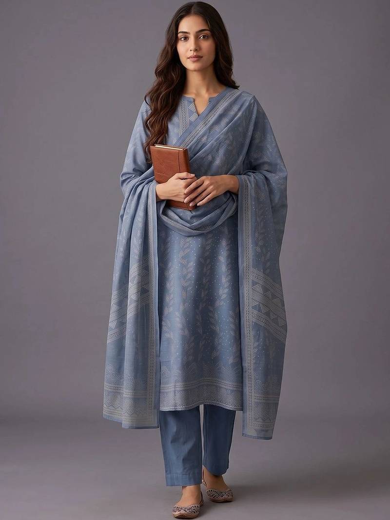 women ethnic motifs printed chanderi silk kurta with trousers & with dupatta