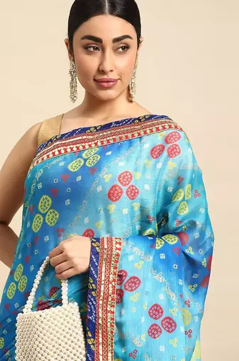 Blue bandhani gotta patti pure chiffon saree