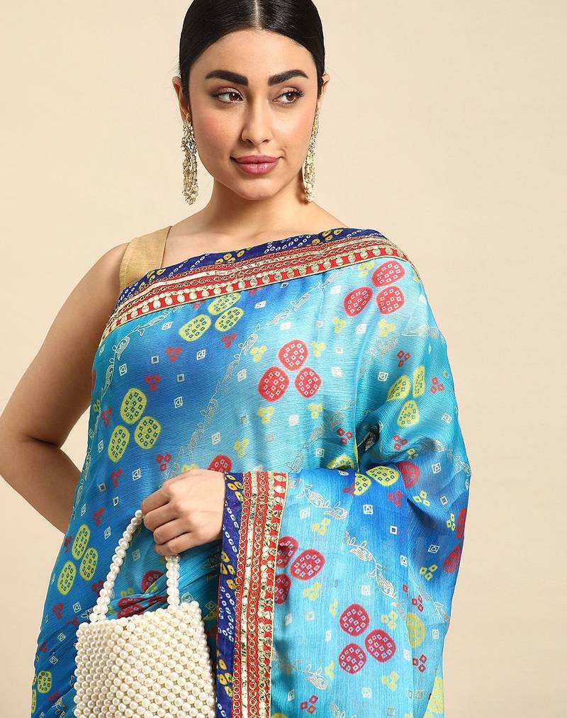 Blue bandhani gotta patti pure chiffon saree