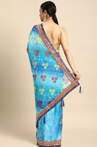 Blue bandhani gotta patti pure chiffon saree