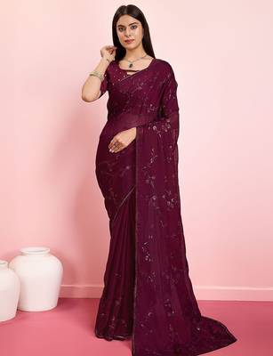 Purple ethnic motifs sequinned pure chiffon saree 1