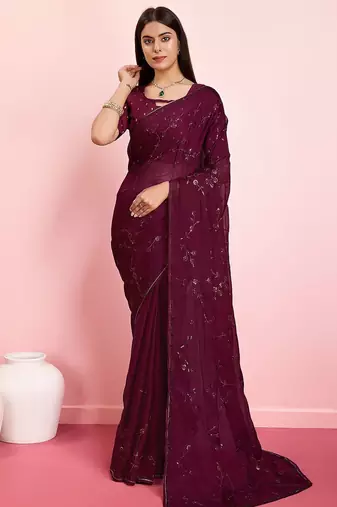 Purple ethnic motifs sequinned pure chiffon saree