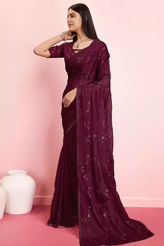 Purple ethnic motifs sequinned pure chiffon saree