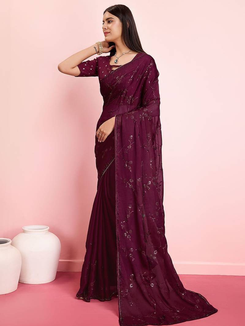 Purple ethnic motifs sequinned pure chiffon saree