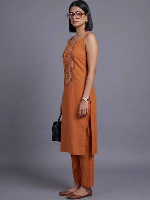 women ethnic motifs embroidered regular thread work kurta with trousers 2