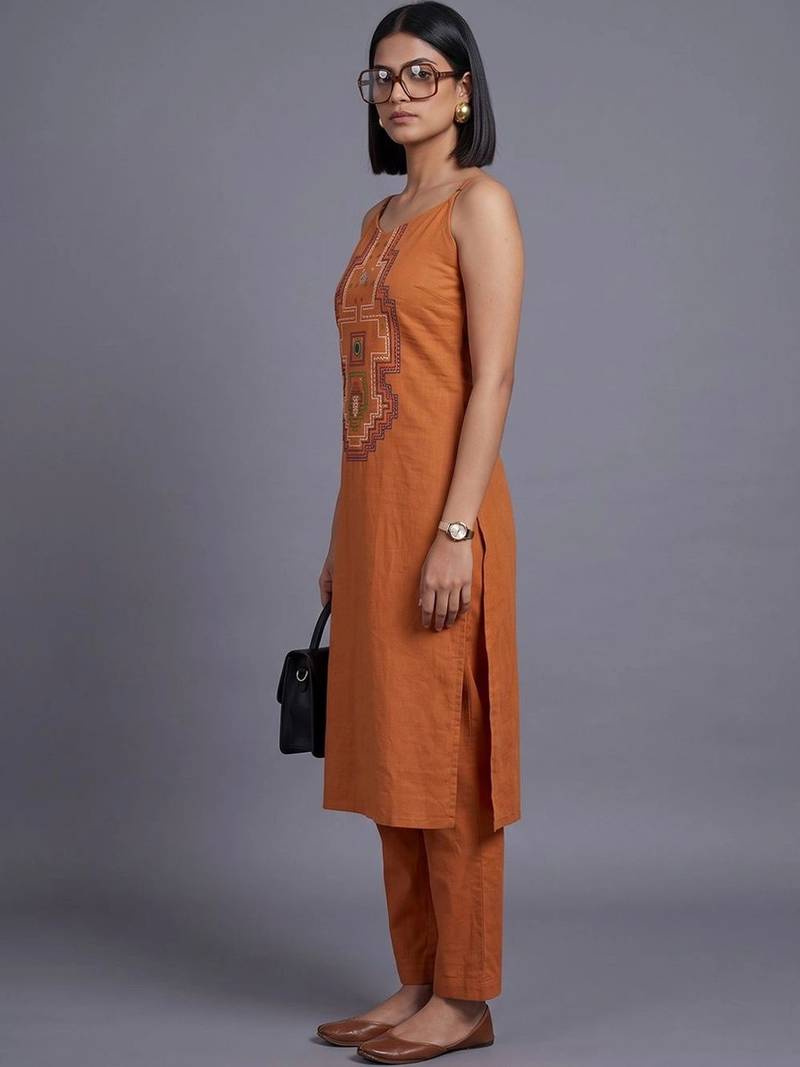 women ethnic motifs embroidered regular thread work kurta with trousers