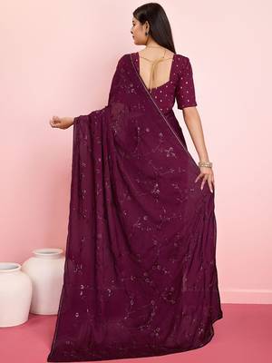 Purple ethnic motifs sequinned pure chiffon saree 3