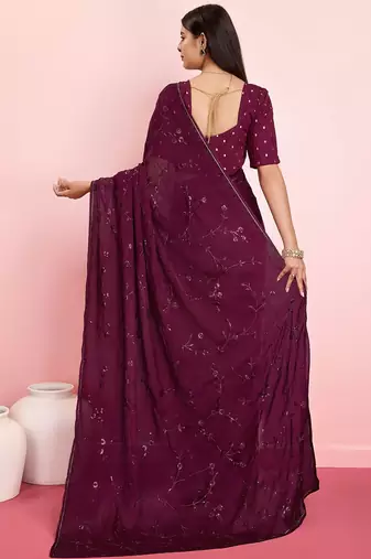 Purple ethnic motifs sequinned pure chiffon saree