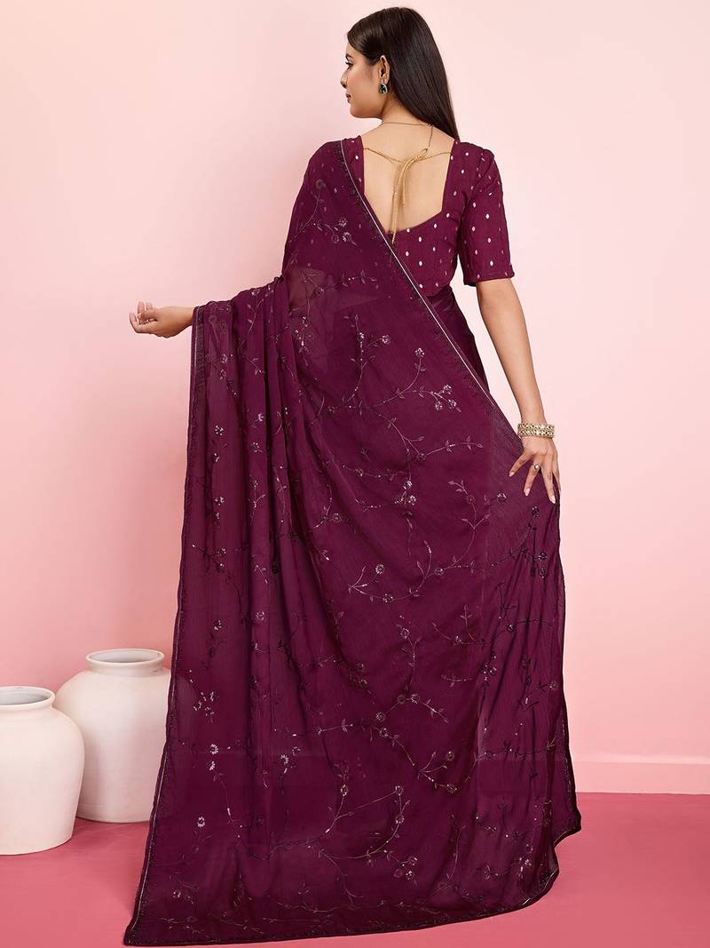 Purple ethnic motifs sequinned pure chiffon saree
