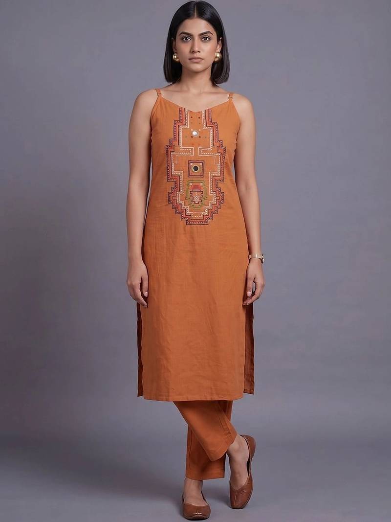 women ethnic motifs embroidered regular thread work kurta with trousers