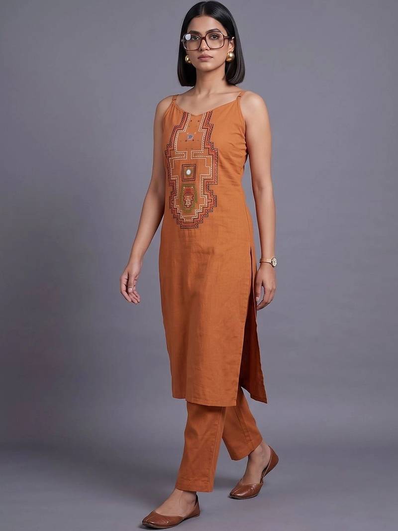 women ethnic motifs embroidered regular thread work kurta with trousers