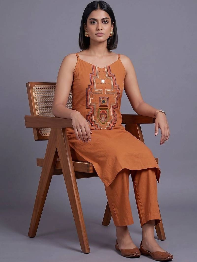 women ethnic motifs embroidered regular thread work kurta with trousers