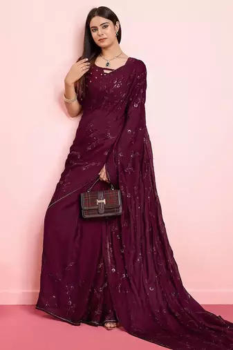 Purple ethnic motifs sequinned pure chiffon saree