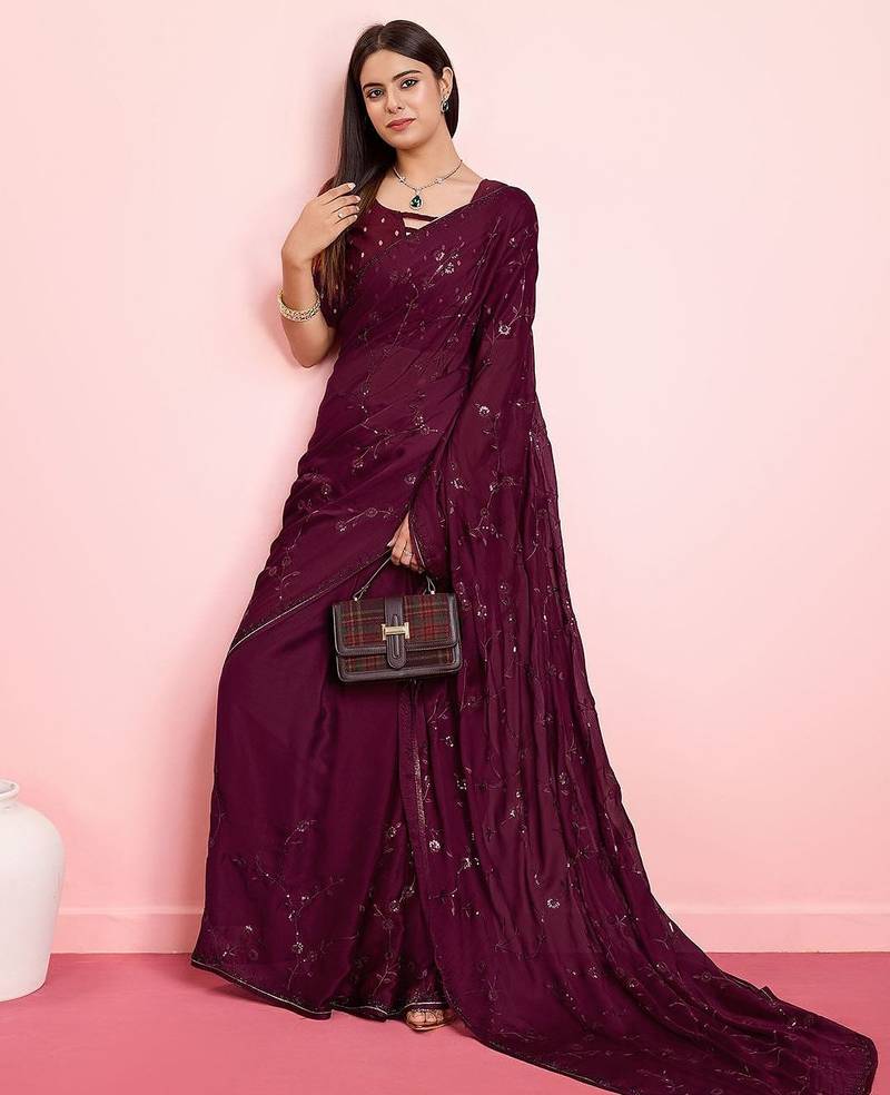 Purple ethnic motifs sequinned pure chiffon saree
